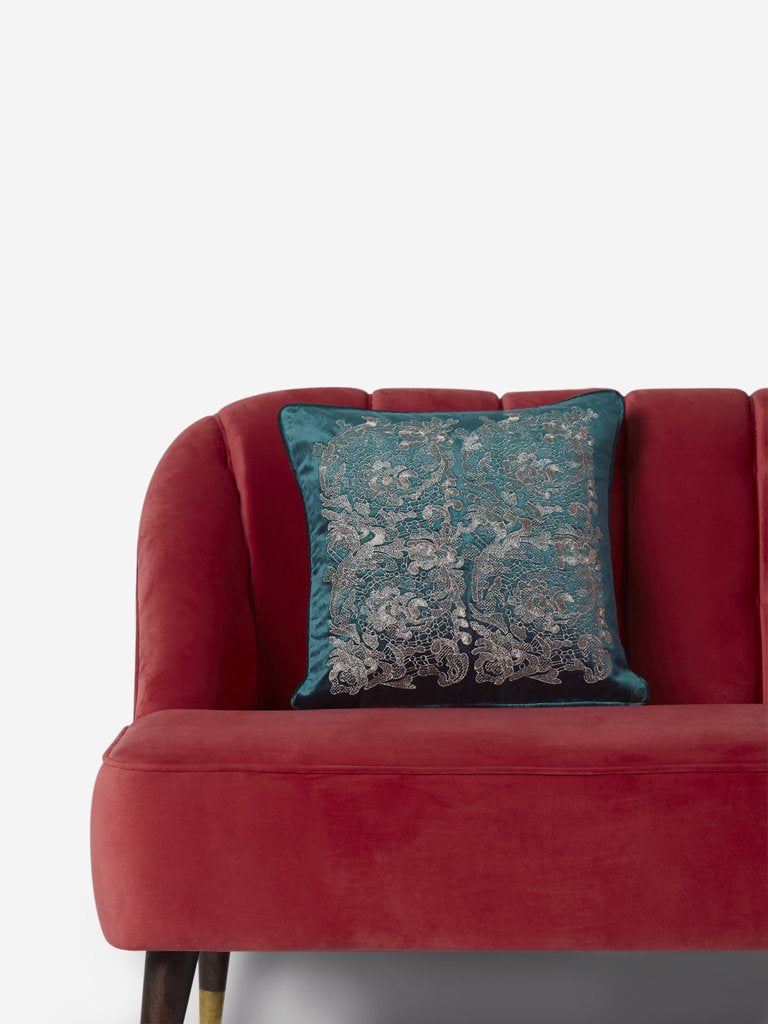 Westside Home Teal Embroidered Velvet Cushion Cover