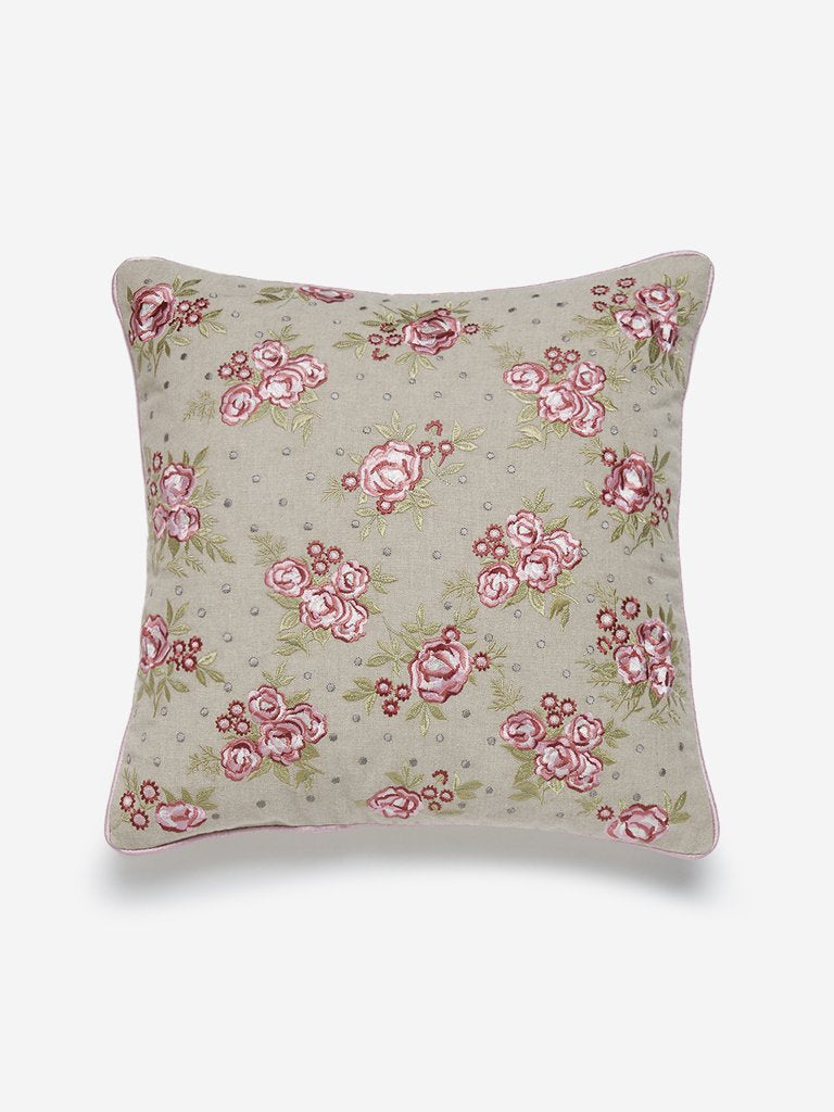 Westside Home Beige Rose Embroidery Cushion Cover