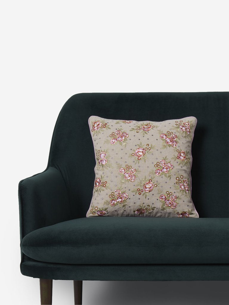 Westside Home Beige Rose Embroidery Cushion Cover