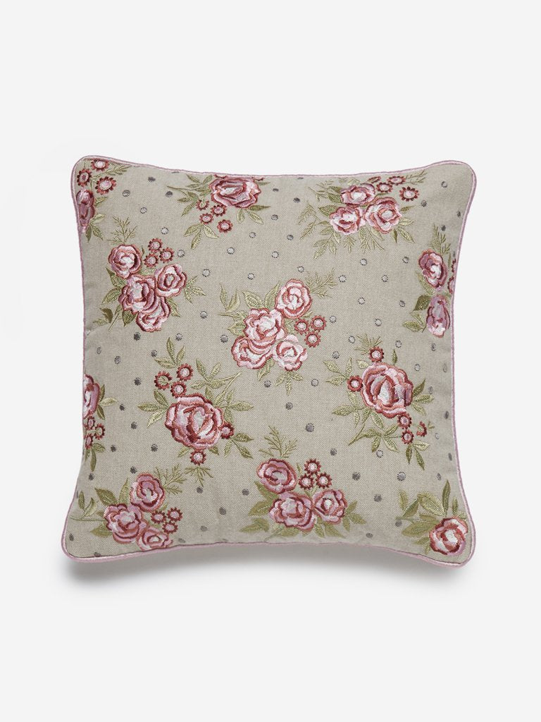 Westside Home Beige Floral Embroidery Small Cushion Cover