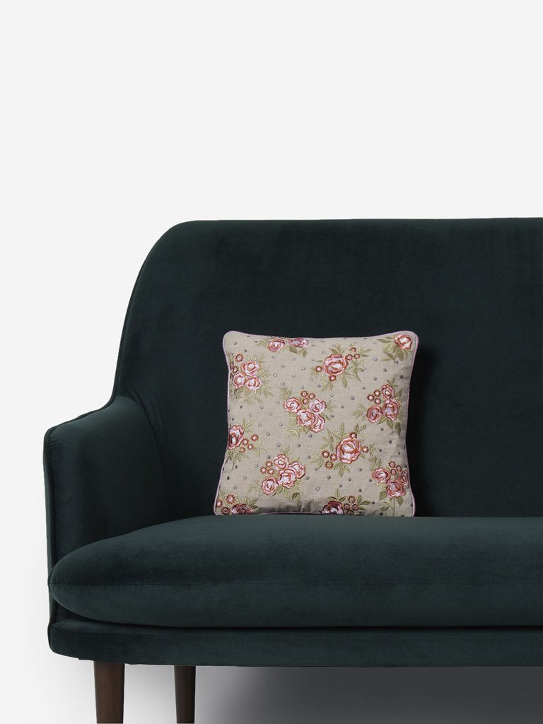 Westside Home Beige Floral Embroidery Small Cushion Cover