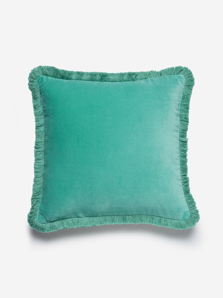 Westside Home Turquoise Fringed Velveteen Cushion Cover