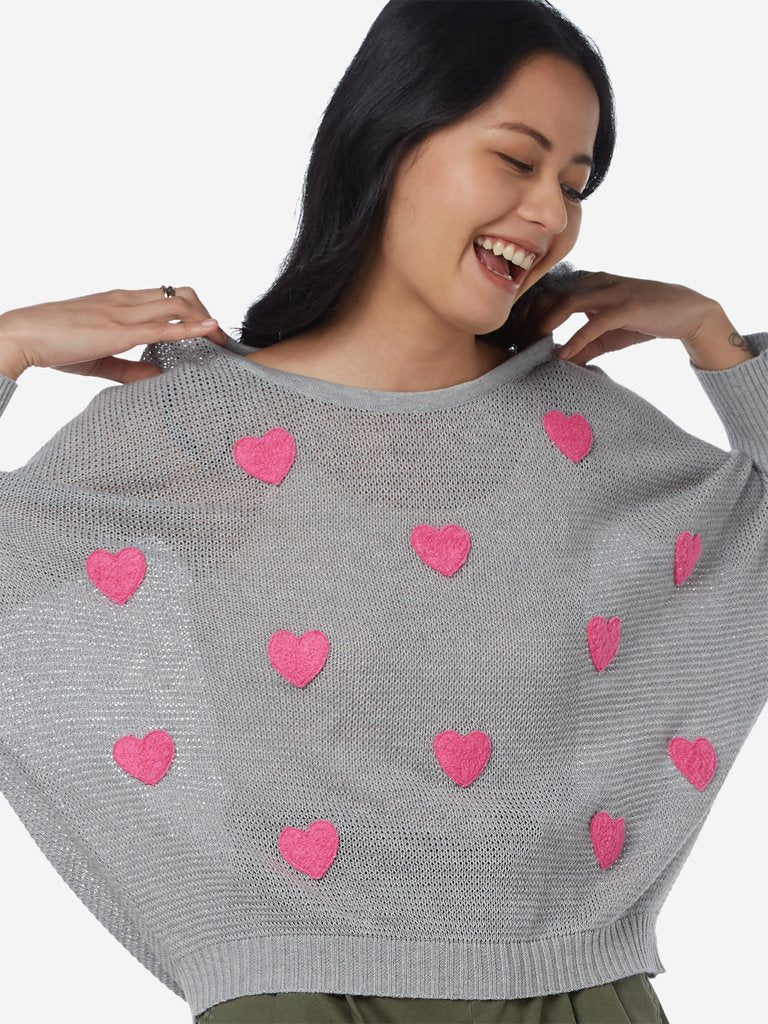 Nuon Grey Heart Patterned Teddy Sweater