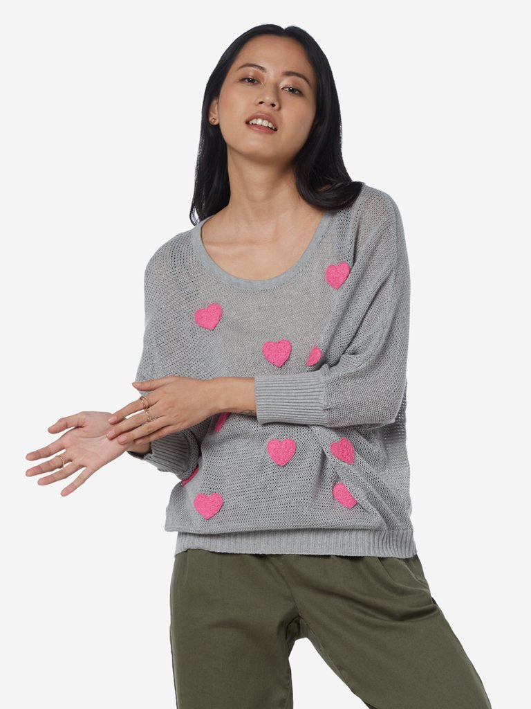 Nuon Grey Heart Patterned Teddy Sweater