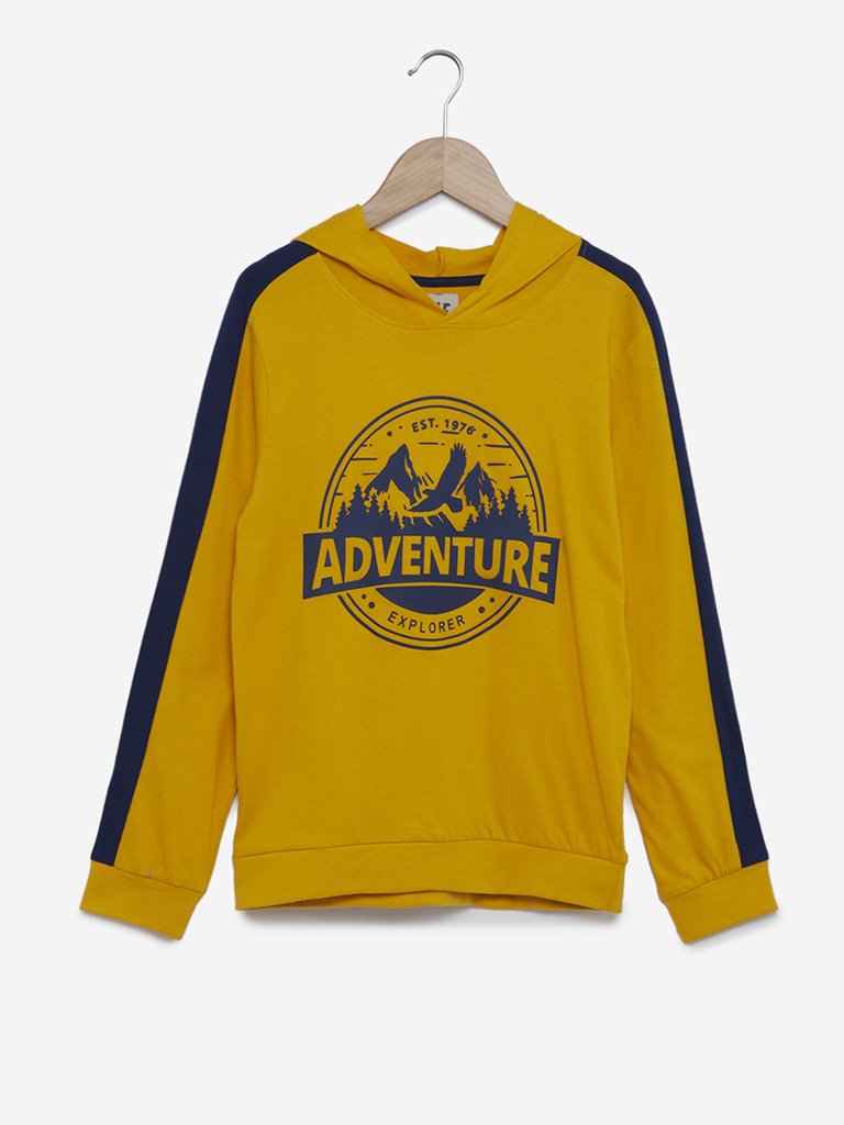 Y&F Kids Mustard Text Printed Hooded Sweatshirt