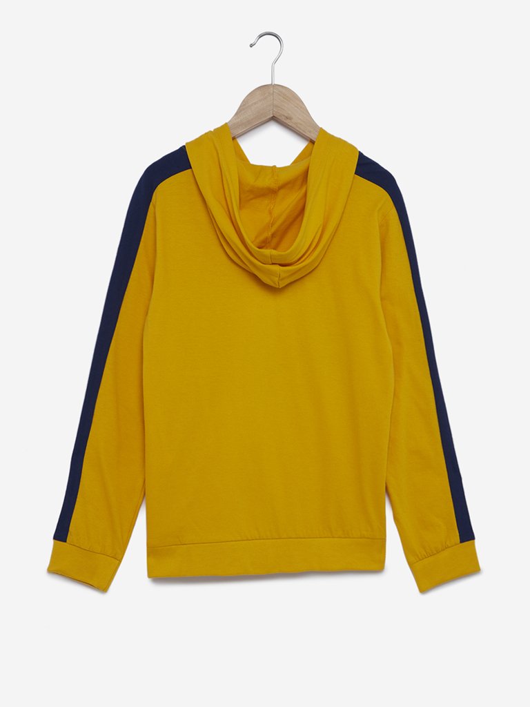 Y&F Kids Mustard Text Printed Hooded Sweatshirt
