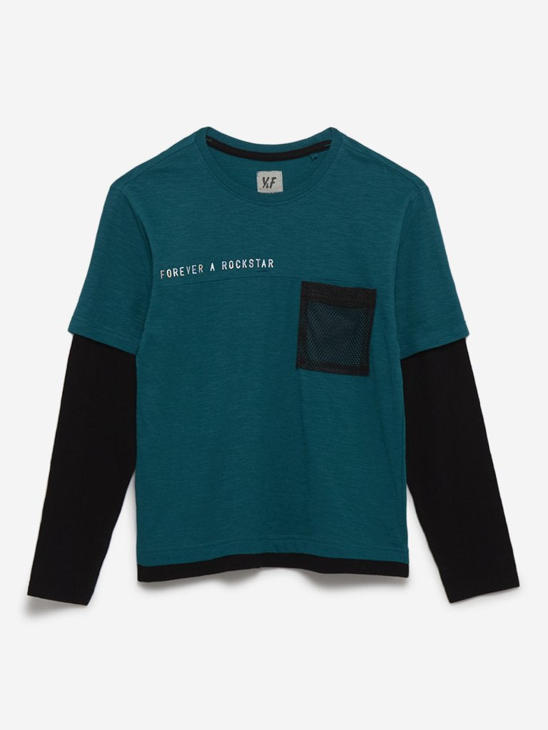 Y&F Kids Teal Text Printed Crewneck T-Shirt