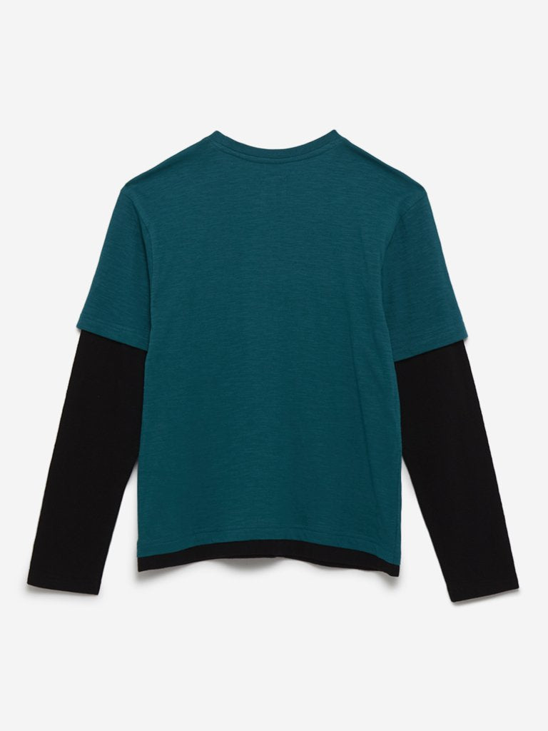 Y&F Kids Teal Text Printed Crewneck T-Shirt