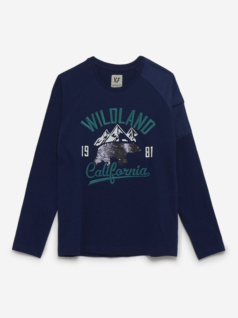 Y&F Kids Indigo Typographic Print T-Shirt