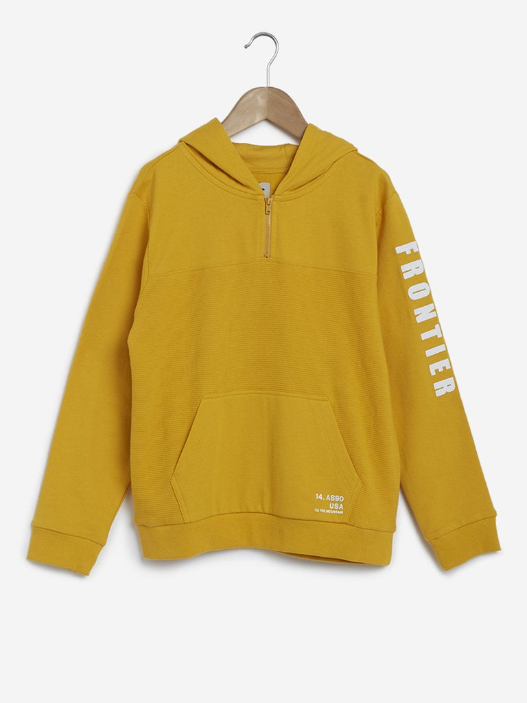 Y&F Kids Mustard Printed Sweatshirt with a Hood