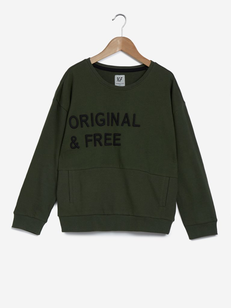Y&F Kids Olive Text Print Sweatshirt