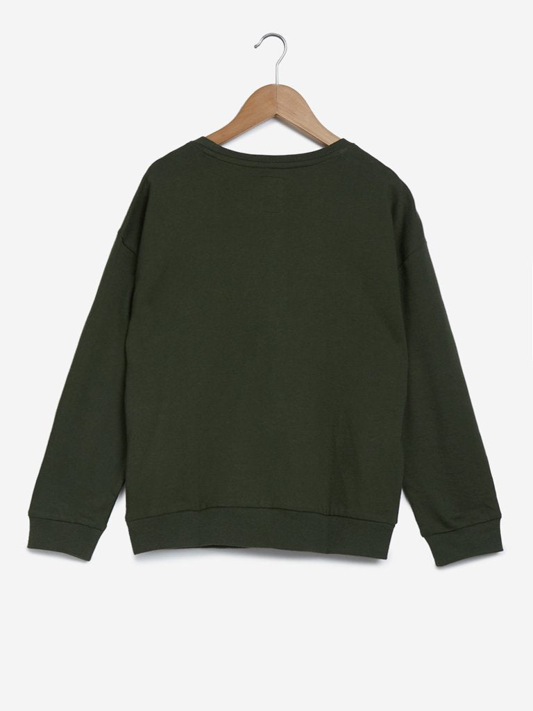 Y&F Kids Olive Text Print Sweatshirt