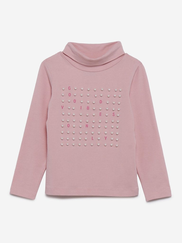 HOP Kids Pink Faux-Pearl Detail Turtleneck Top