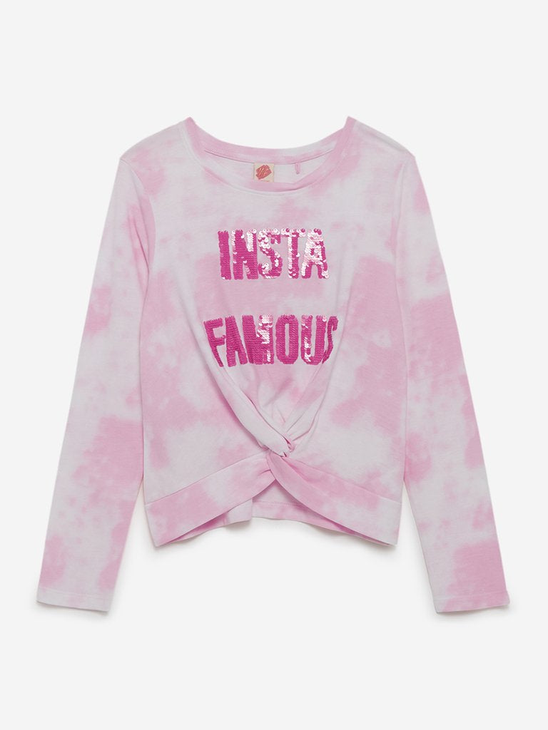 Y&F Kids Light-Pink Tie-Dye Text Print Jess Top