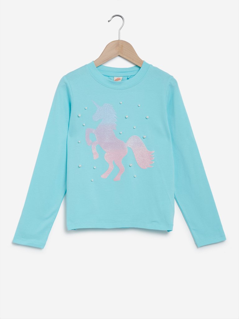 Y&F Kids Aqua Pearl Detailed Sweatshirt