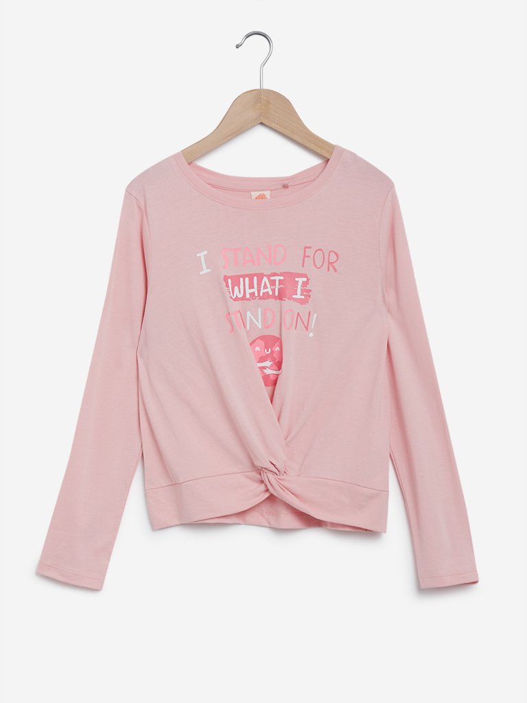 Y&F Kids Peach Text Patterned Top