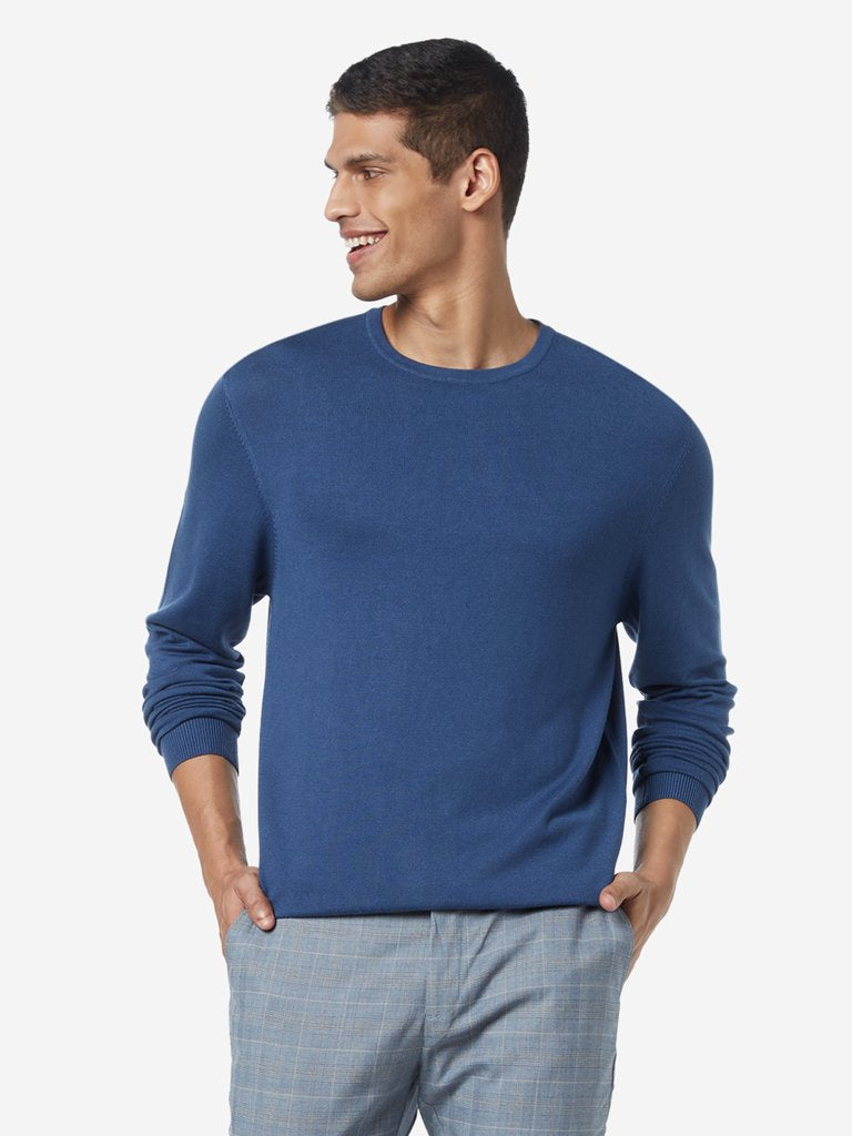 WES Formals Blue Slim Fit Pullover