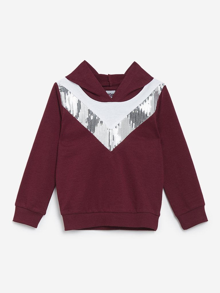 HOP Kids Burgundy Sequinned Hooded Sweatshirt