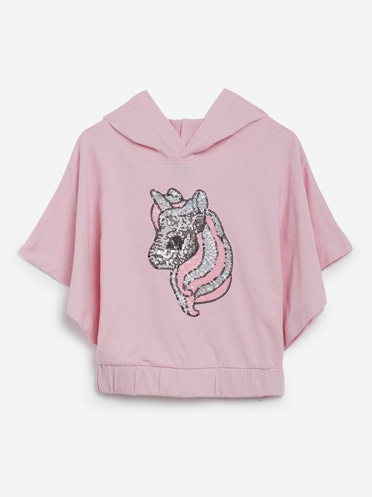 HOP Kids Light Pink Unicorn Patterned Hooded Top