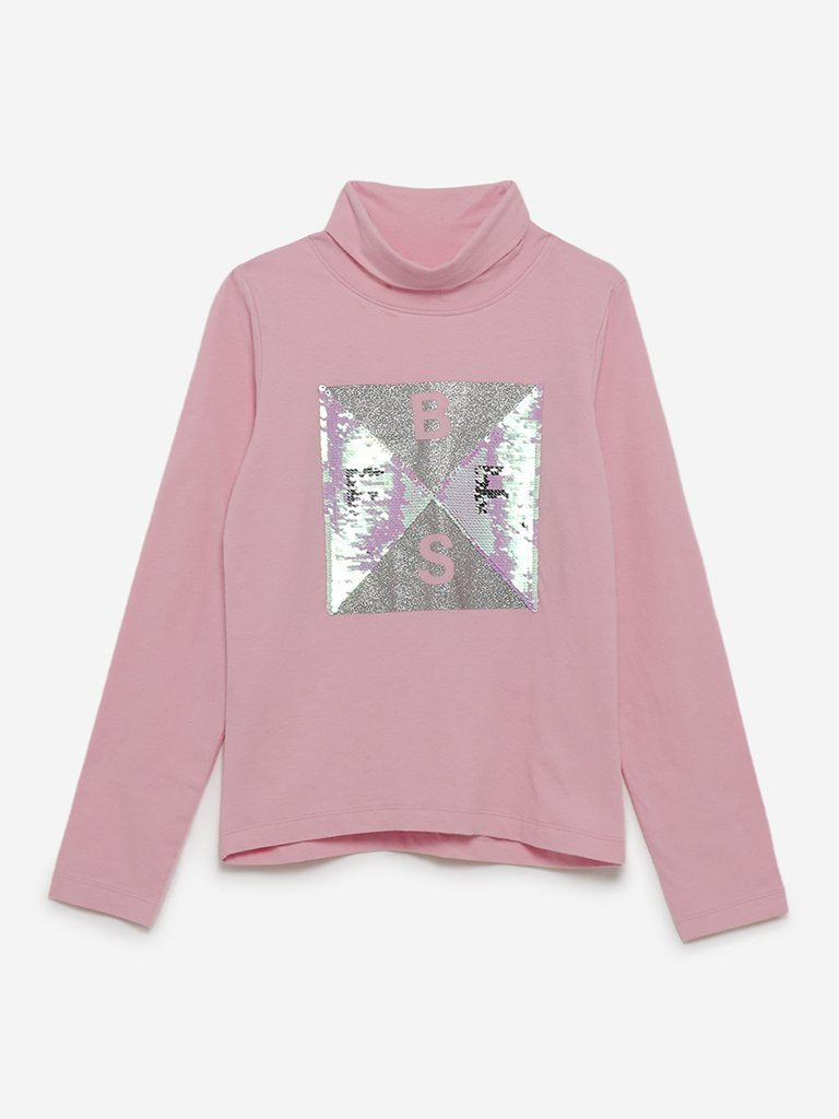 Y&F Kids Light-Pink Sequinned Turtleneck Top