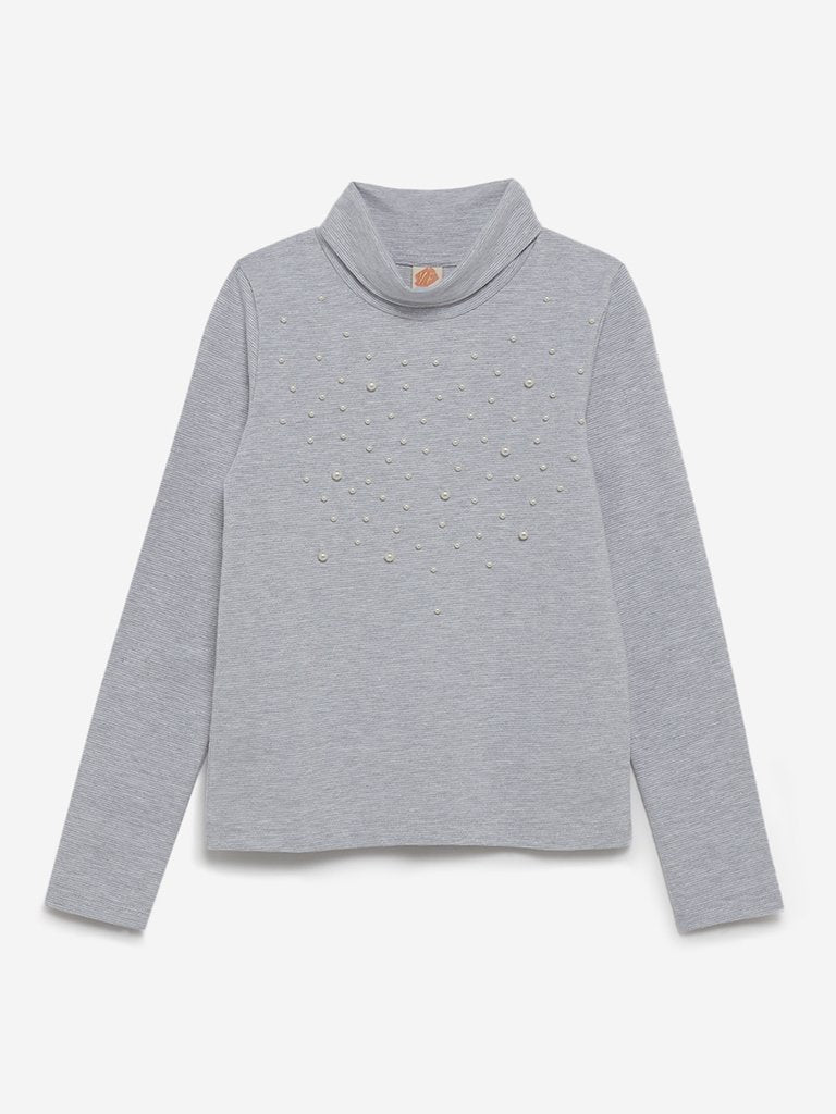 Y&F Kids Grey Faux-Pearl Detailed Turtleneck Top