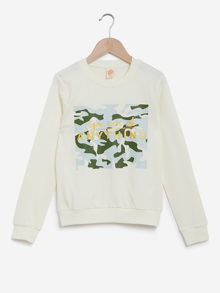 Y&F Kids Off White Printed Sweatshirt