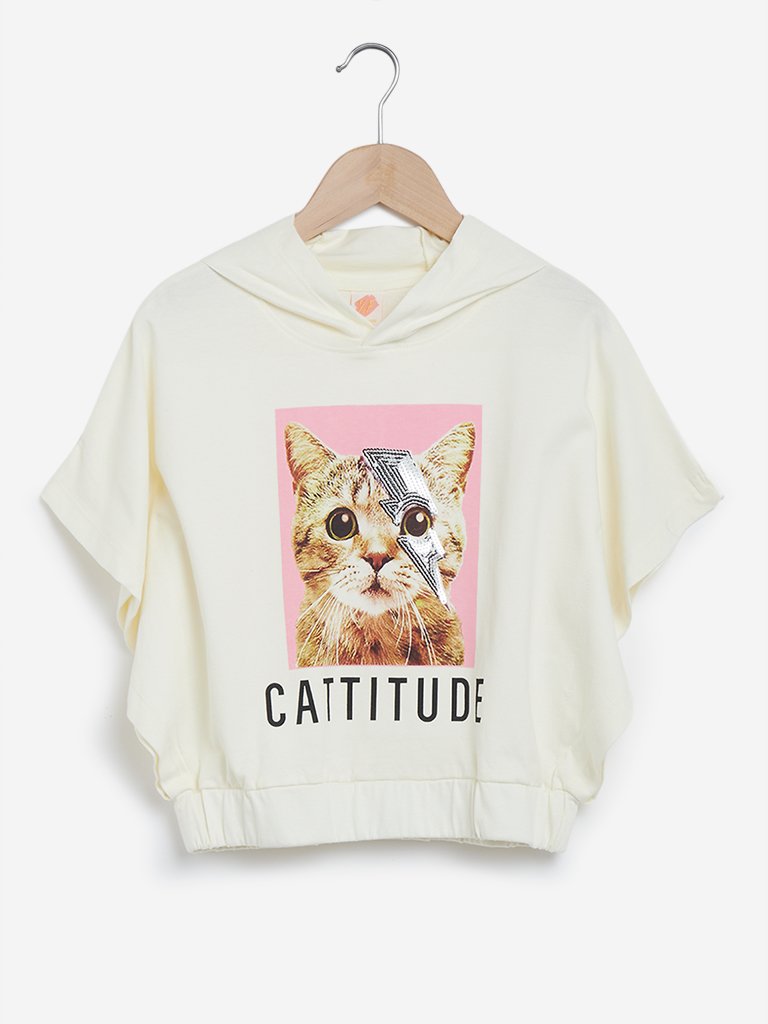 Y&F Kids Off White Printed Hooded Top