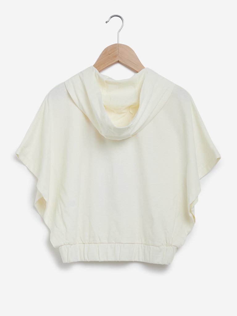 Y&F Kids Off White Printed Hooded Top