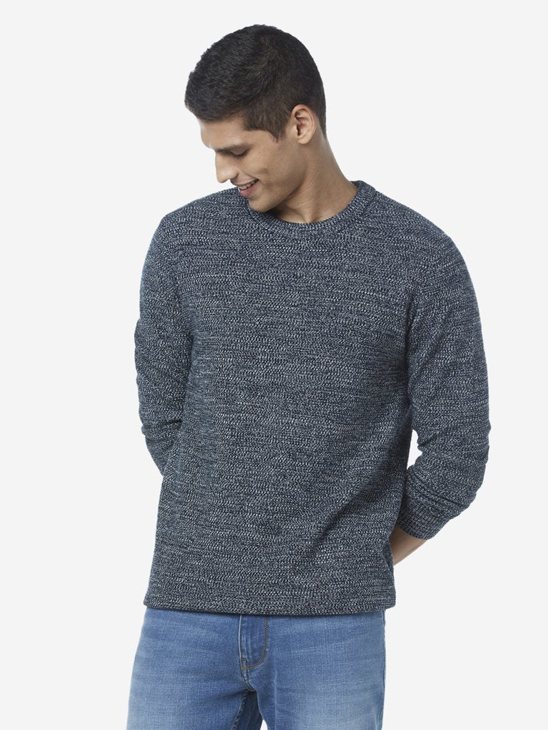 WES Casuals Navy Melange Slim Fit Sweater