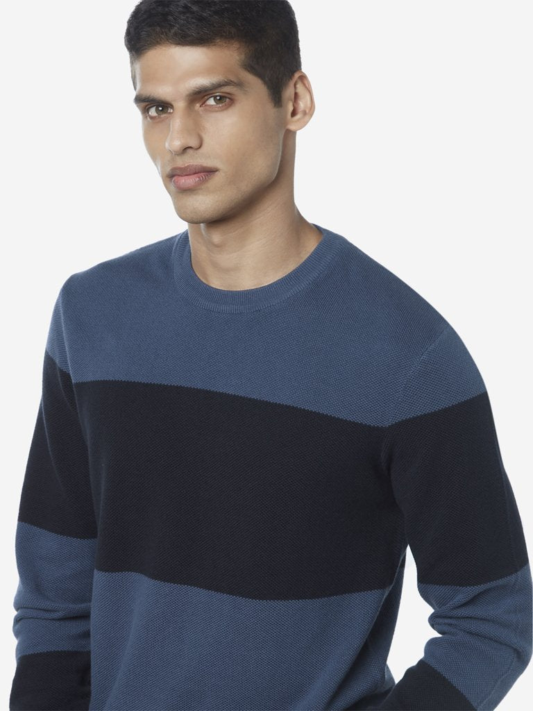 WES Casuals Navy Slim Fit Striped Sweater