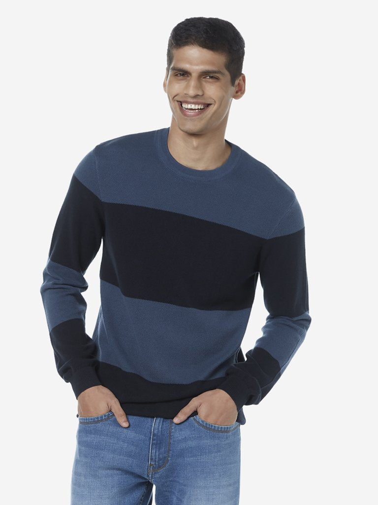 WES Casuals Navy Slim Fit Striped Sweater
