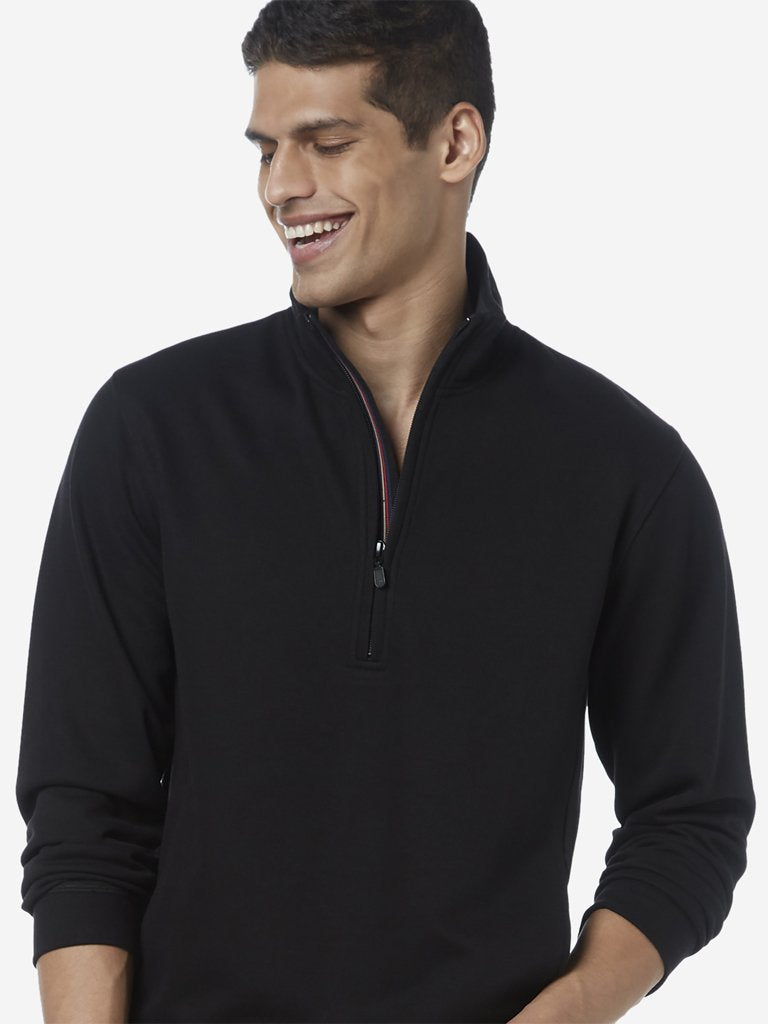 WES Casuals Black Slim Fit High-Collar T-Shirt