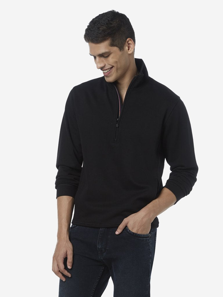 WES Casuals Black Slim Fit High-Collar T-Shirt