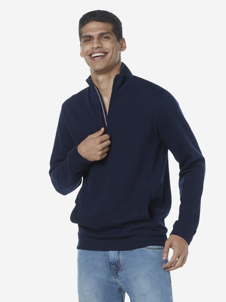 WES Casuals Navy Slim Fit High-Collar T-Shirt