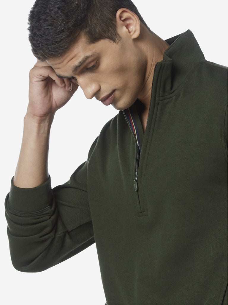 WES Casuals Olive Slim Fit High-Collar T-Shirt