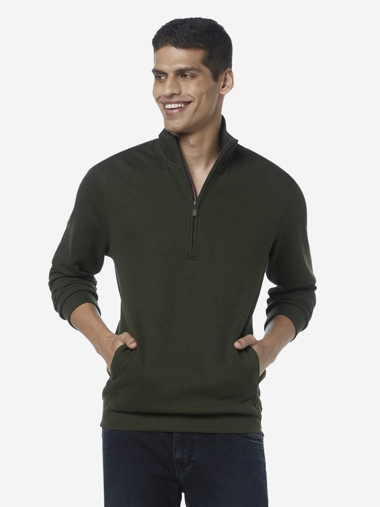 WES Casuals Olive Slim Fit High-Collar T-Shirt