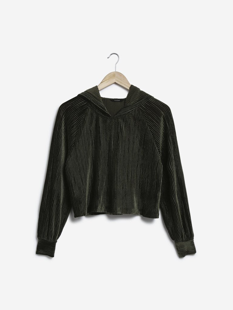 Nuon Dark Olive Self-Textured Crop-Top with Hood