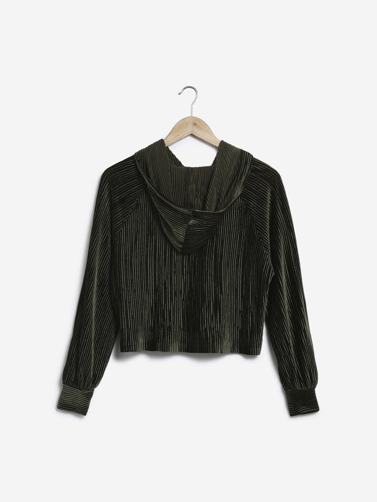 Nuon Dark Olive Self-Textured Crop-Top with Hood