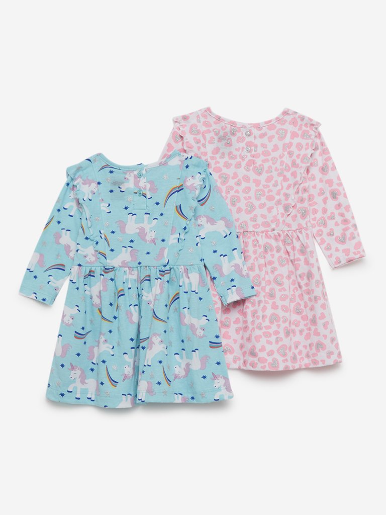 Baby HOP Aqua Printed Dresses Set of Two