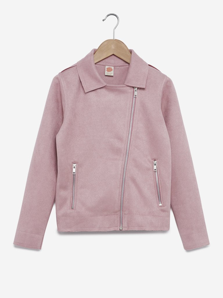 Y&F Kids Dusty Pink Faux-Suede Biker Jacket
