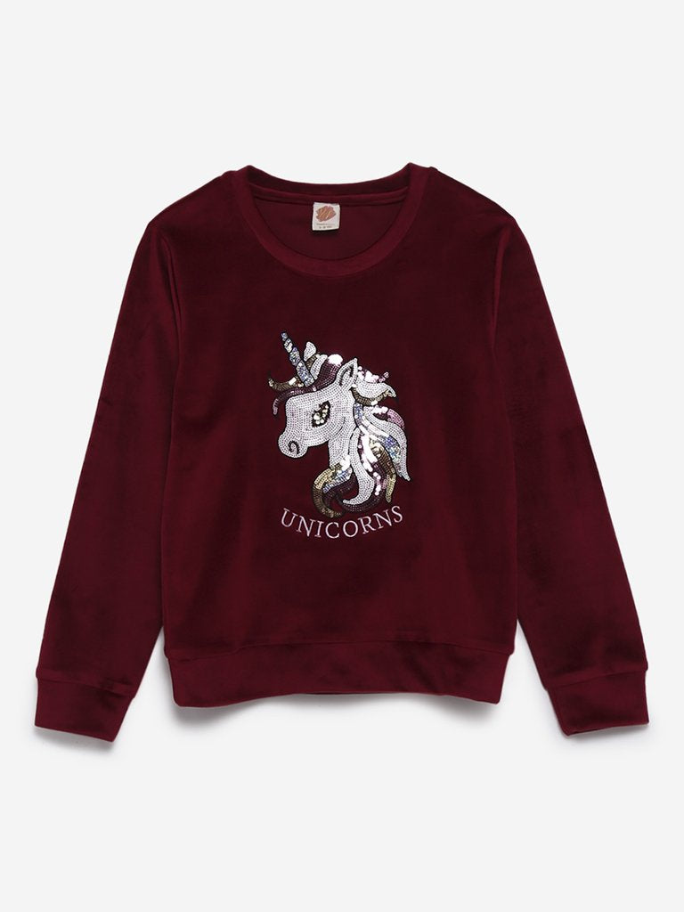 Y&F Kids Burgundy Velveteen Printed Sweatshirt