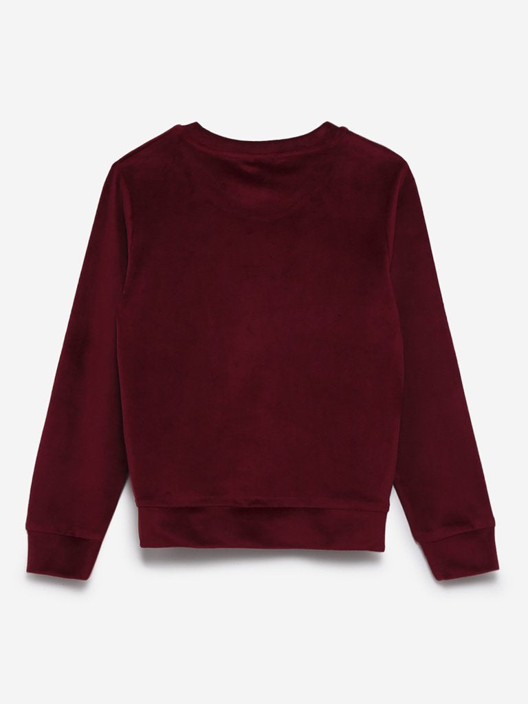 Y&F Kids Burgundy Velveteen Printed Sweatshirt