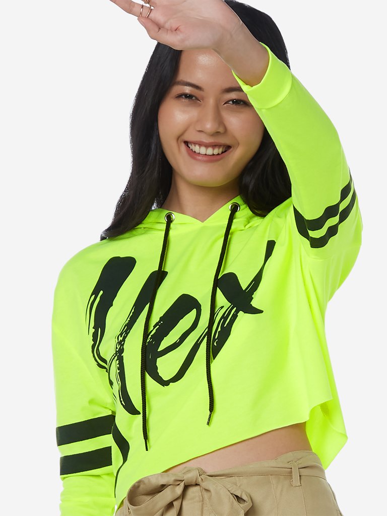 Nuon Neon Green Text Pattern Hooded Crop T-Shirt