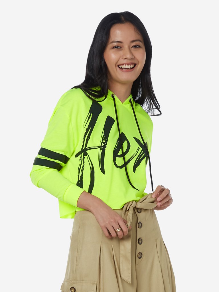 Nuon Neon Green Text Pattern Hooded Crop T-Shirt