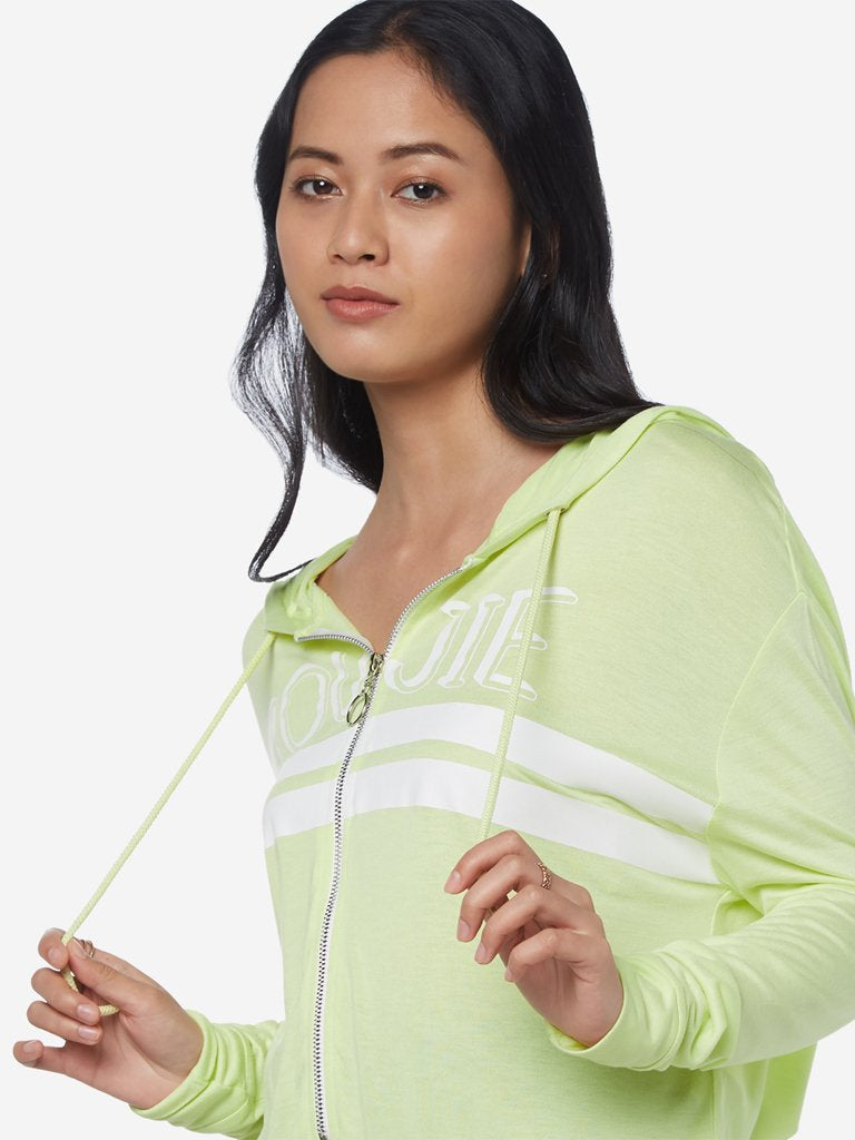 Nuon Light Green Text Print Hooded Crop T-Shirt