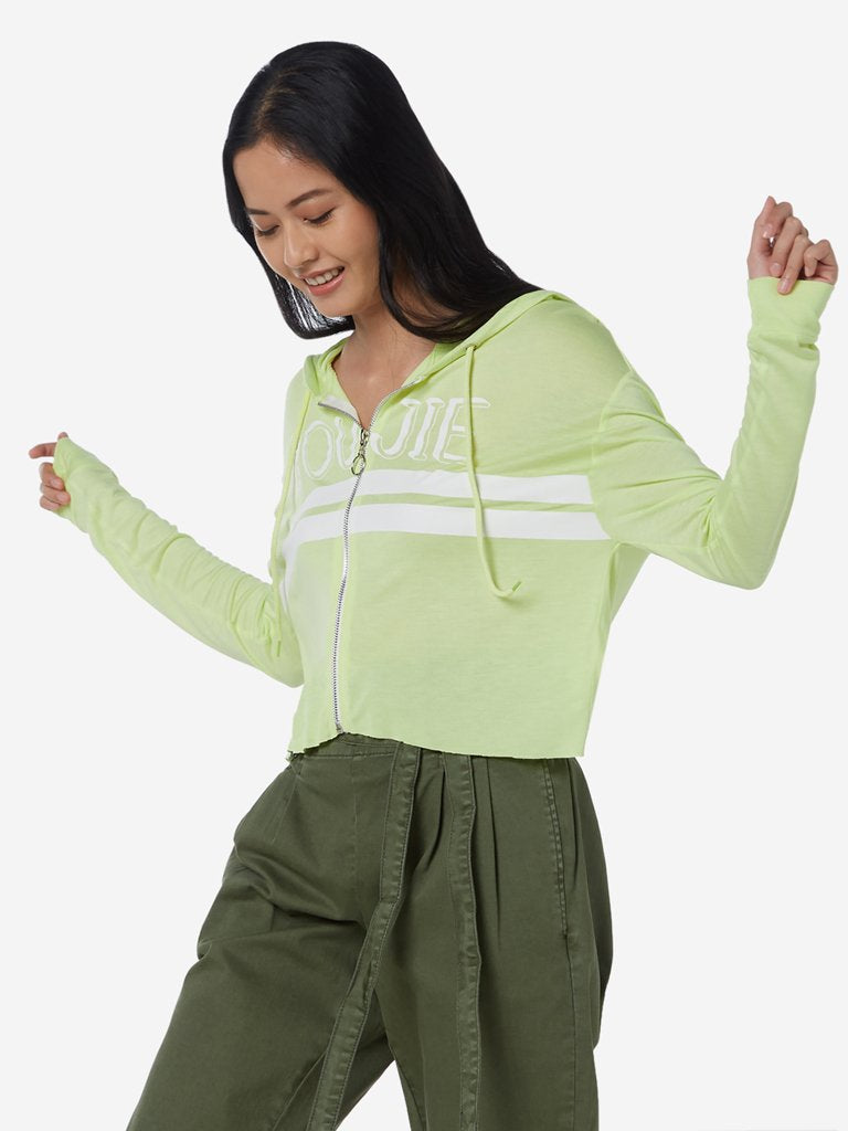 Nuon Light Green Text Print Hooded Crop T-Shirt
