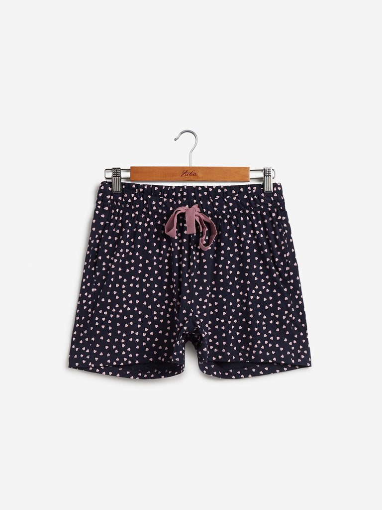 Wunderlove Navy Heart Print Cotton Shorts
