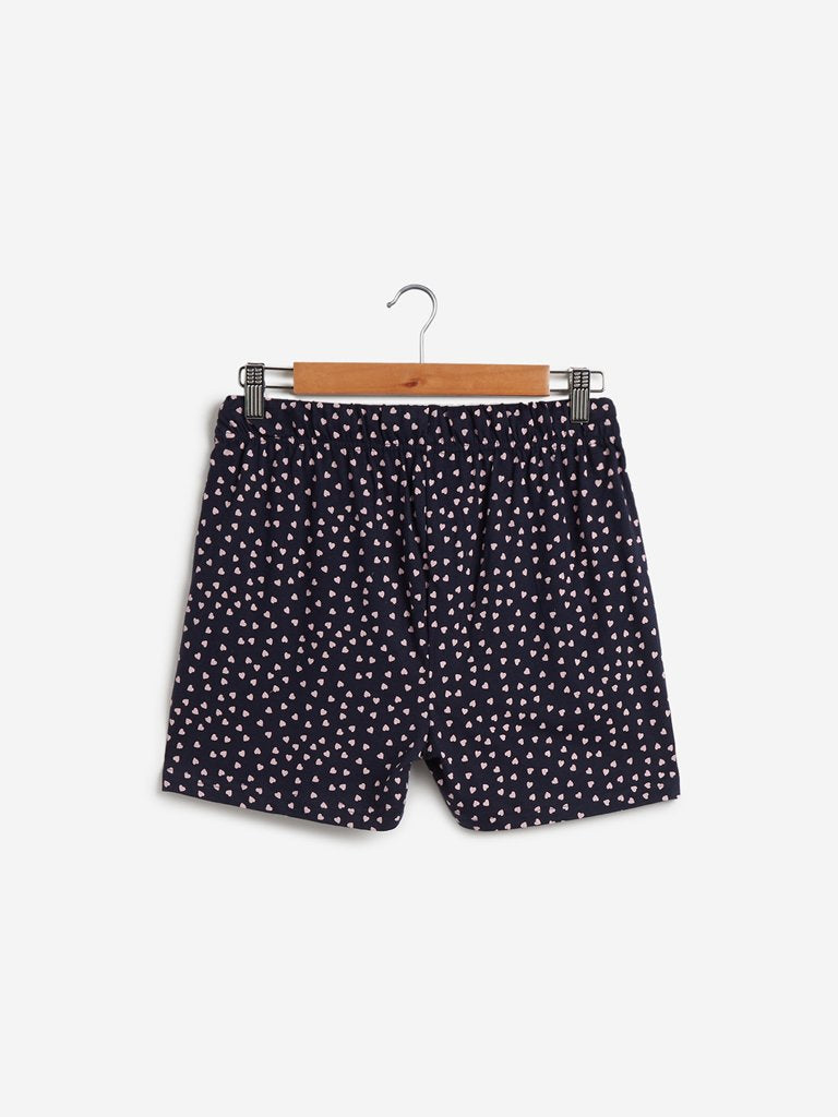 Wunderlove Navy Heart Print Cotton Shorts