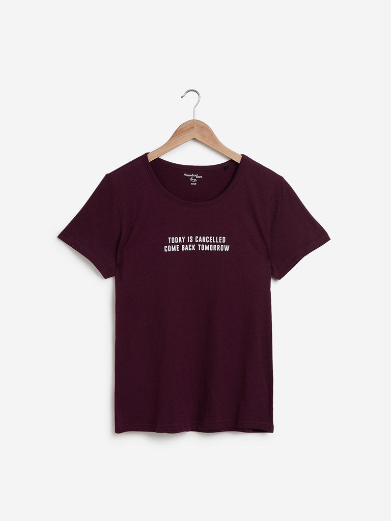 Wunderlove Burgundy Text Printed T-Shirt