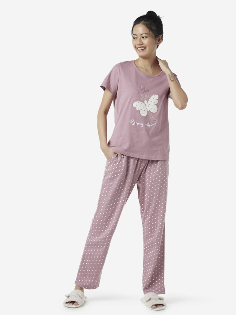 Wunderlove by Westside Mauve Butterfly T-Shirt And Pyjamas